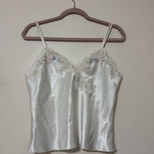 Vintage White Lace Trim Floral Embroidered Satin Camisole
